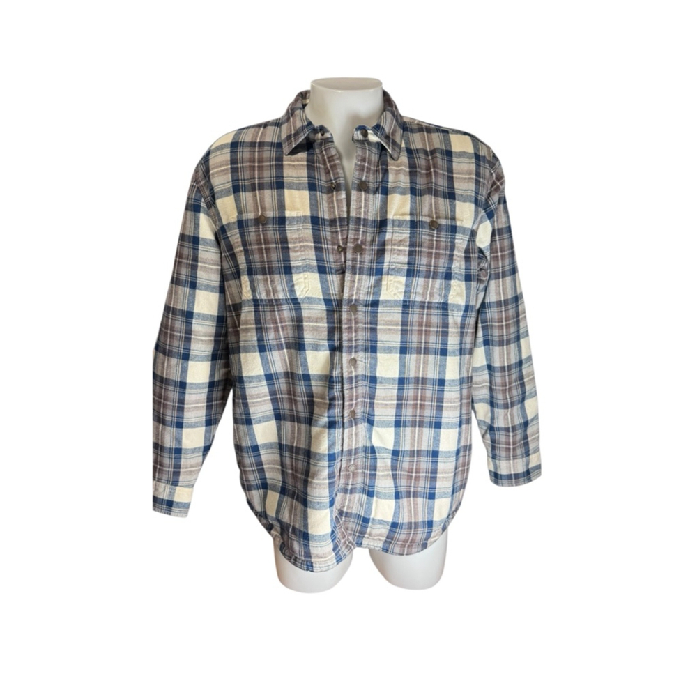Men's L.L.Bean Plaid sherpa lined Casual Button Down Shirt jacket L Blue Brown